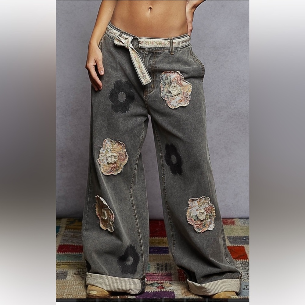 POL grey acid wash Floral Patchwork Wide-Leg Jeans